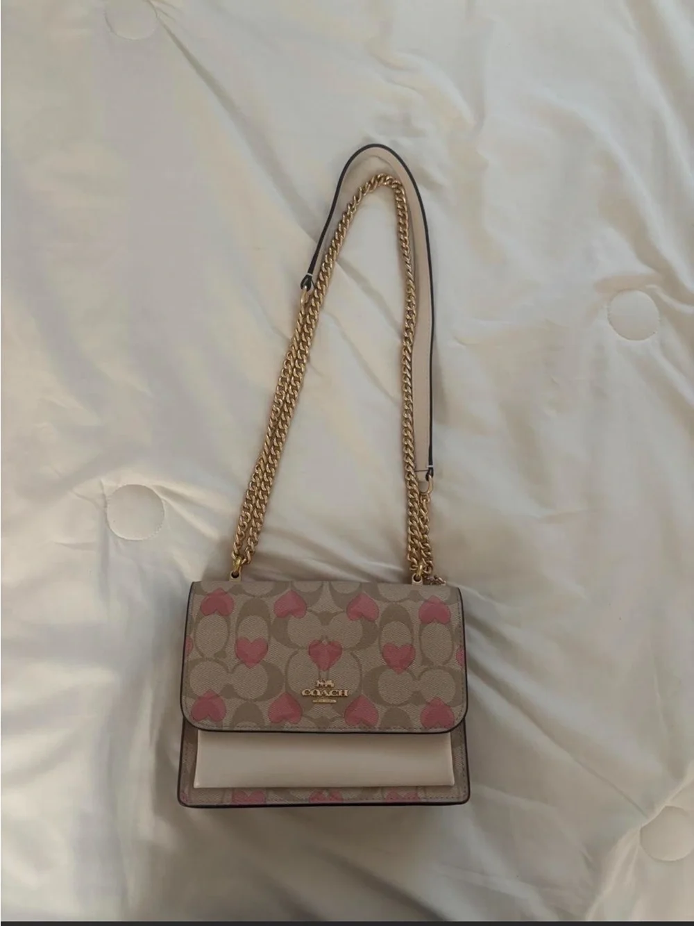 Coach Tan Signature Crossbody with Pink Heart Accents